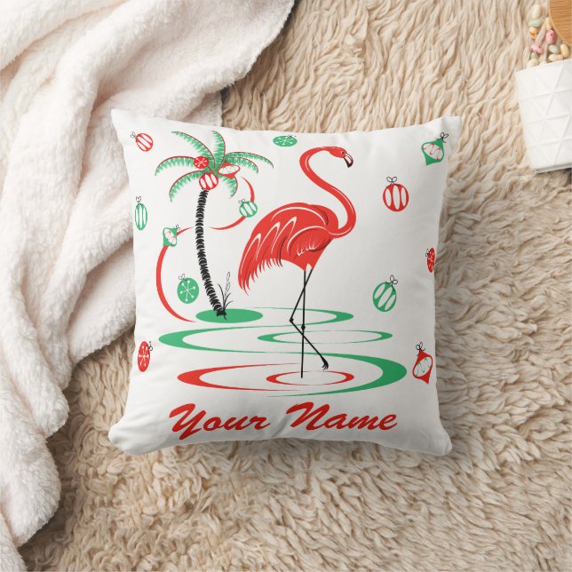 Red Christmas Flamingo Name Multi back Square Kissen (Decke)