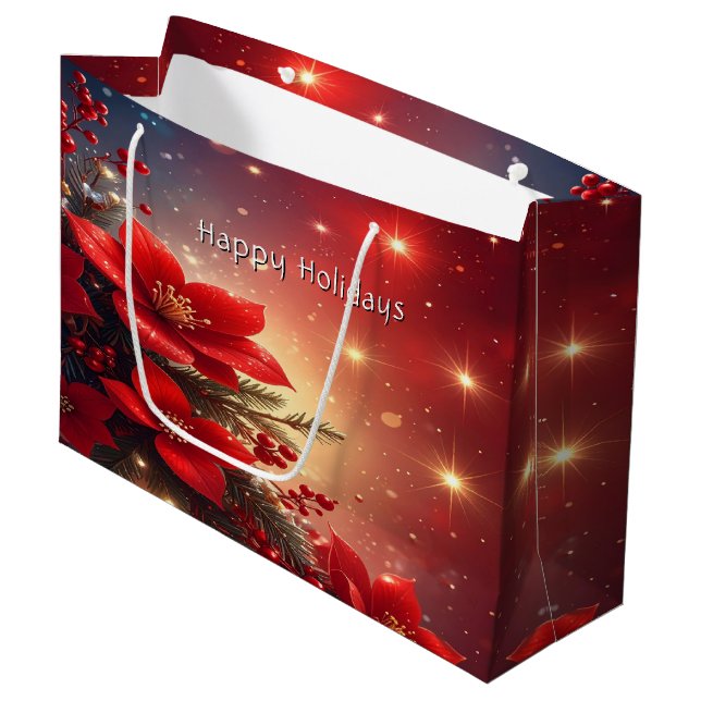 Red Christmas Floral Holiday Gift Bag Große Geschenktüte (Vorderseite Schrägansicht)