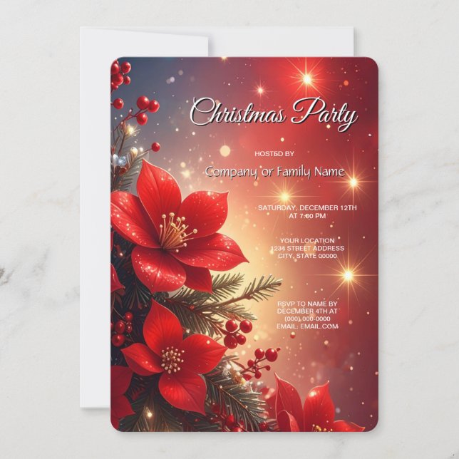 Red Christmas Floral Holiday Party Invitation Einladung (Vorderseite)