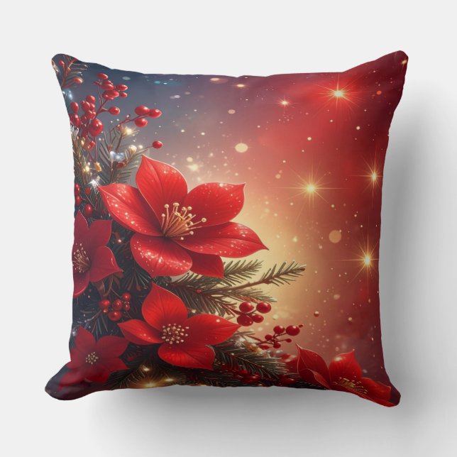 Red Christmas Floral Holiday Throw Pillow Kissen (Vorderseite)