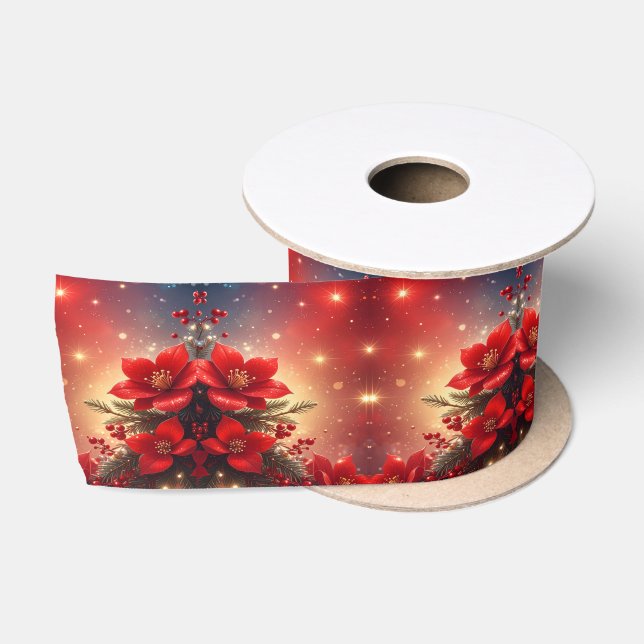 Red Christmas Floral Satin Ribbon Satinband (Spule)