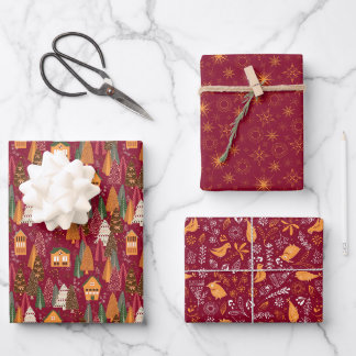Red Christmas Forest Village Birds Snowflakes Geschenkpapier Set