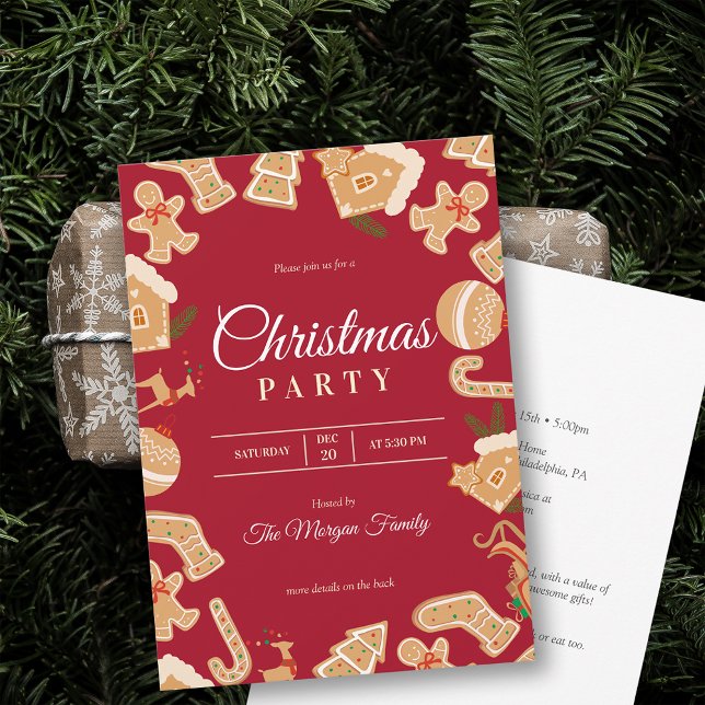 Red Christmas Gingerbread Fête Invitation (Red Christmas Gingerbread Holiday Party Invitation)