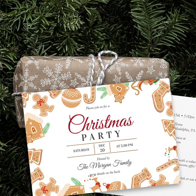Red Christmas Gingerbread Fête Invitation (Red and White Christmas Gingerbread Holiday Party Invitation)
