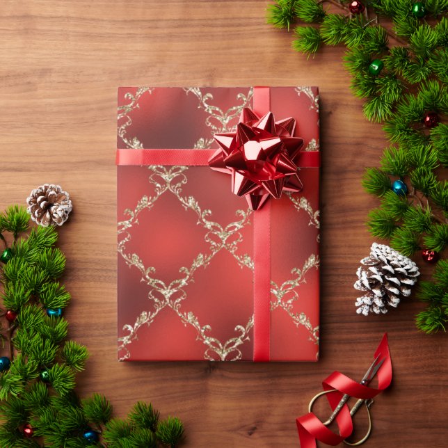 Red Christmas Holiday Gold Glitzer Damask Geschenk Geschenkpapier (Feiertagsgeschenk)