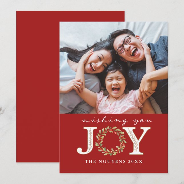 Red Christmas Joy Aquarelle Carte photo de couronn (Devant / Derrière)
