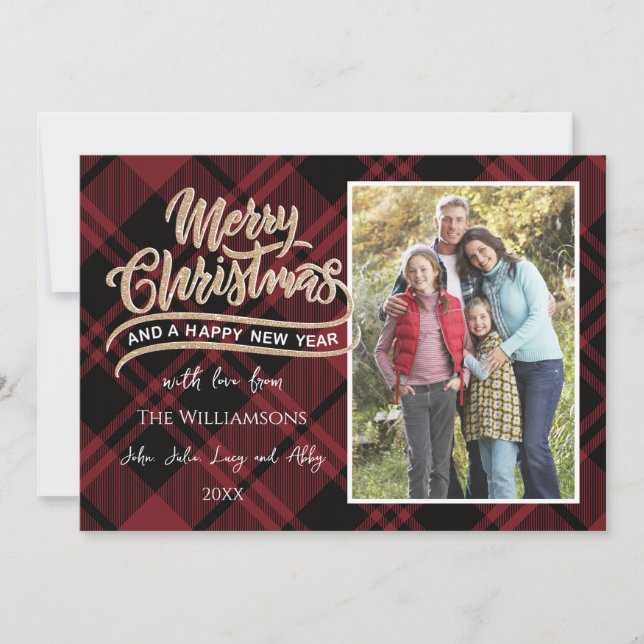 Red Christmas Karierte Fotokarte Einladung (Vorderseite)