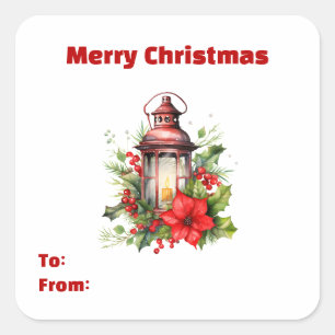Red Christmas Lantern Poinsettia und Pine Gift Quadratischer Aufkleber