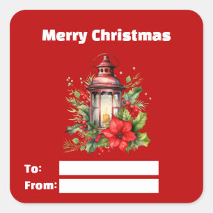Red Christmas Lantern Poinsettia und Pine Gift Quadratischer Aufkleber