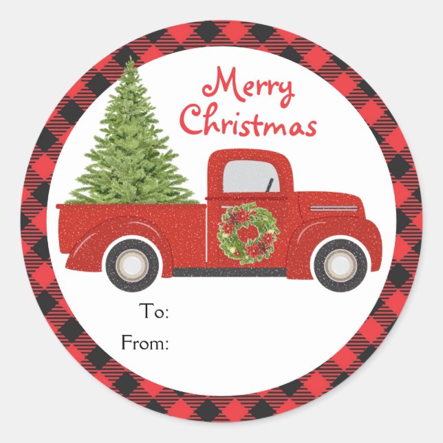 Red Christmas LKW Buffalo Kariertes Geschenk von Runder Aufkleber (Vorderseite)