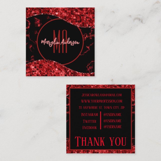 RED CHRISTMAS MARBLE UND SHIMMER CUSTOM MONOGRAM QUADRATISCHE VISITENKARTE (Vorne/Hinten)