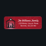 Red Christmas Nativity Address Labels<br><div class="desc">Dieses Design zeigt eine Silhouette der heiligen Familie im Stall,  Mary und Joseph und Blick über den Säugling Jesus in der Leitung. Der Hintergrund ist rot mit Wasserzeichen-Wirbel,  um Textur hinzuzufügen. Um den Stil,  die Größe oder die Farbe des Schriftartes zu ändern,  klicken Sie auf die Schaltfläche Anpassen.</div>