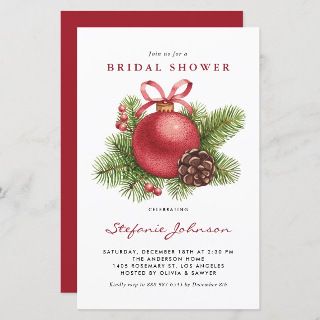 Red Christmas Ornament Bridal Shower Invitation (Vorne/Hinten)