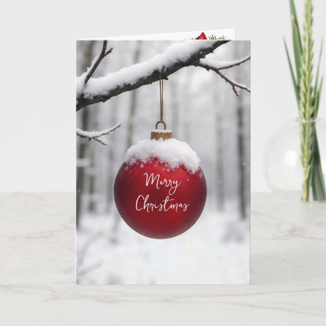 Red Christmas Ornament On Snowy Branch Karte (Vorderseite)