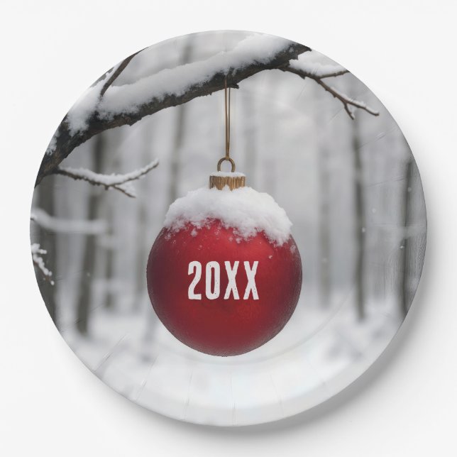 Red Christmas Ornament On Snowy Branch Pappteller (Vorderseite)