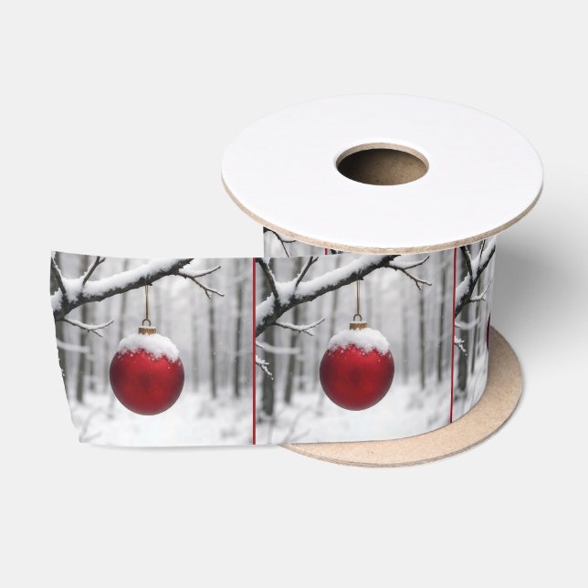 Red Christmas Ornament On Snowy Branch Satinband (Spule)