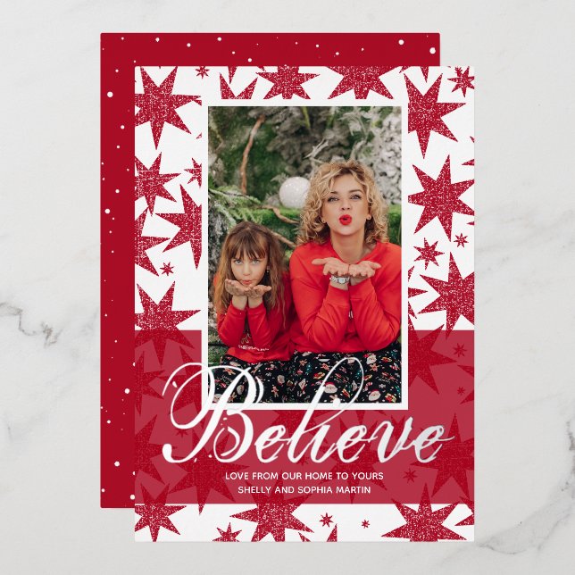 Red Christmas Photo Believe Foil Carte de vacances (Recto/Verso)