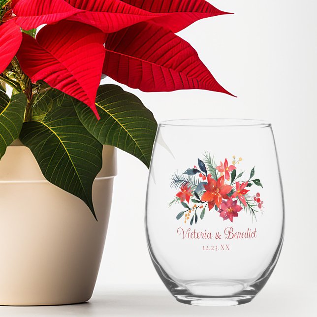 Red Christmas Poinsetta Floral Custom Wedding Weinglas Ohne Stiel (Von Creator hochgeladen)