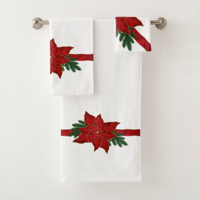 Red Christmas Poinsettia auf Weiß Badhandtuch Set (Insitu)