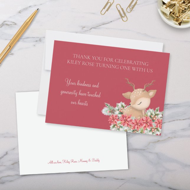 Red Christmas Poinsettia Dei Birthday Party Dankeskarte (Red Poinsettia and Little Deer Theme Christmas Winter Birthday Party Personalized Thank You Cards)