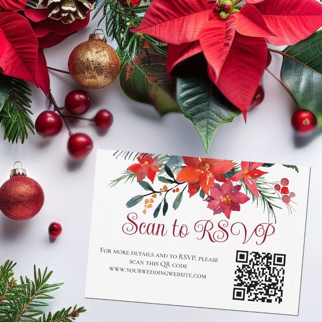 Red Christmas Poinsettia Elegant Floral QR Code RSVP Karte (Von Creator hochgeladen)
