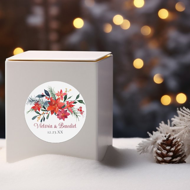 Red Christmas Poinsettia Elegant Floral Wedding Runder Aufkleber (Von Creator hochgeladen)