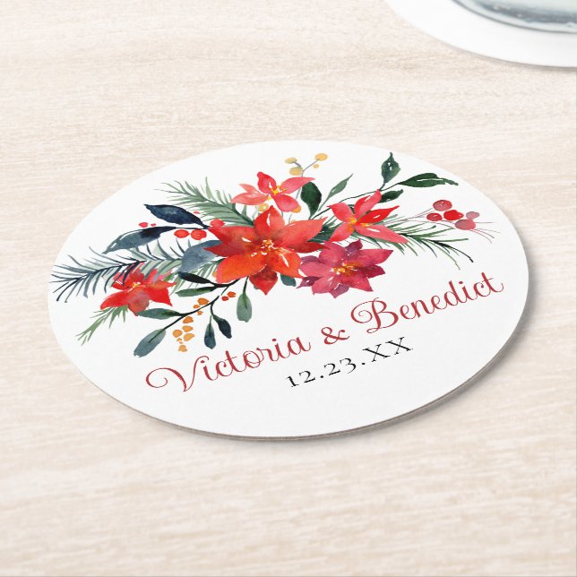 Red Christmas Poinsettia Elegant Floral Wedding Runder Pappuntersetzer (Angewinkelt)