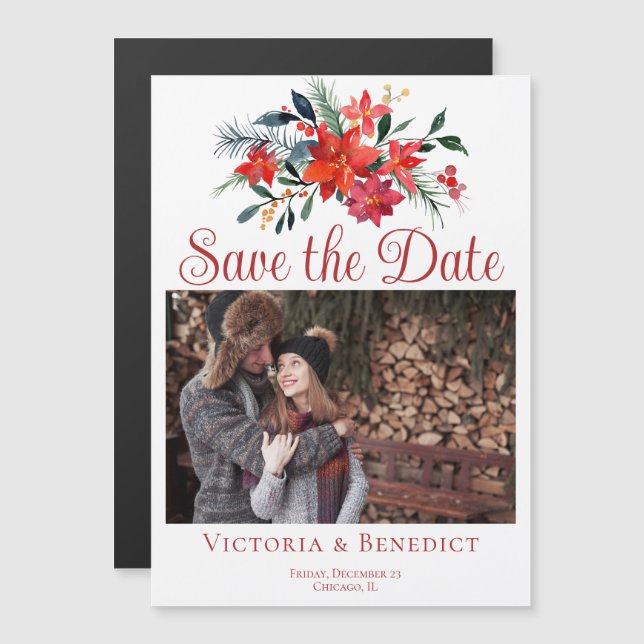 Red Christmas Poinsettia Foto Save the Date Magneteinladung (Vorne/Hinten)