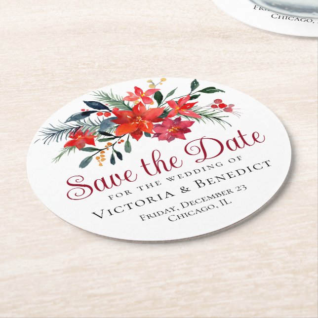 Red Christmas Poinsettia Holiday Save the Date Runder Pappuntersetzer (Angewinkelt)