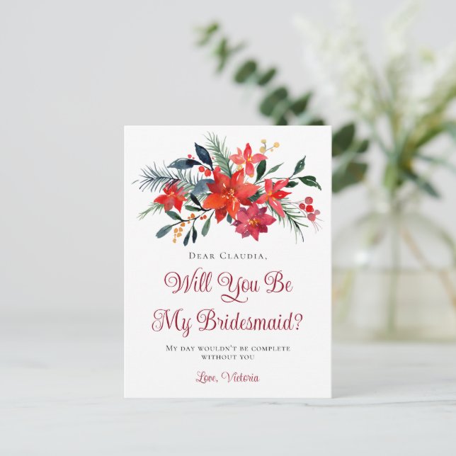 Red Christmas Poinsettia wirst du meine Bridesmaid Postkarte (Stehend Vorderseite)