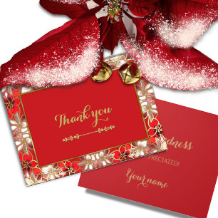 Red Christmas Poinsettias in Snow Danke-Card Dankeskarte