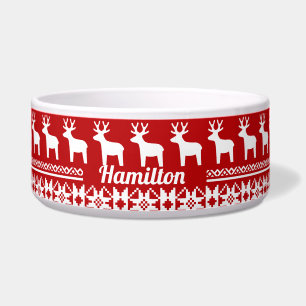 Red Christmas Reindeer Snowflake Muster Monogram Napf