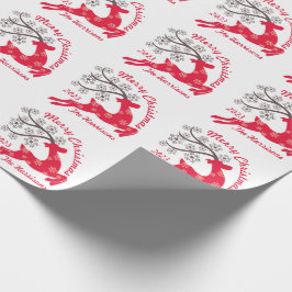Red Christmas Reindeer Snowflake Name Weiß Geschenkpapier