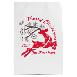 Red Christmas Reindeer Snowflake Name Weiß Mittlere Geschenktüte