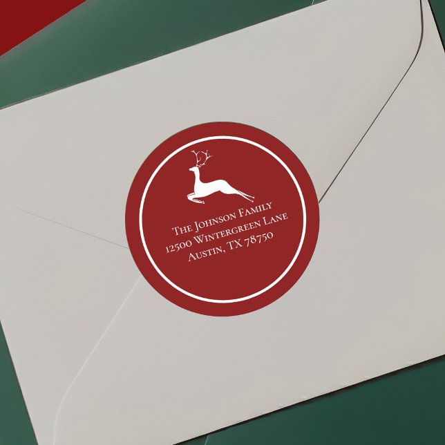 Red Christmas Rentier Chic Round-Rücksendeadresse Runder Aufkleber (Von Creator hochgeladen)