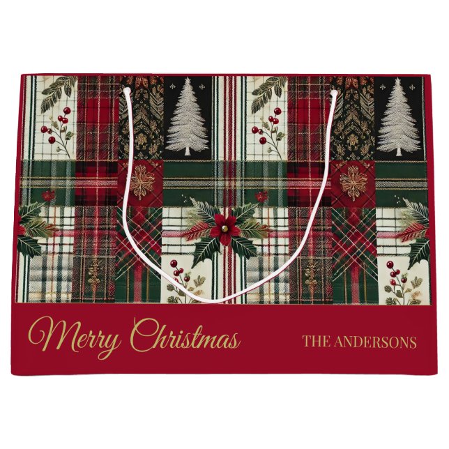 Red Christmas Rustic Kariert Traditionelles Muster Große Geschenktüte (Vorderseite)