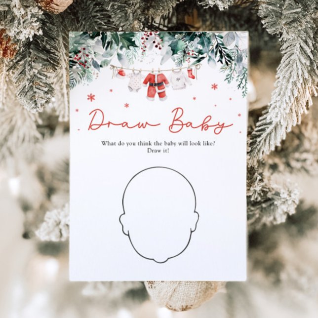 Red Christmas Santa Baby Shower Zeichne Baby Game Einladung (Watercolor Red Christmas Santa Baby Shower Draw Baby Game)