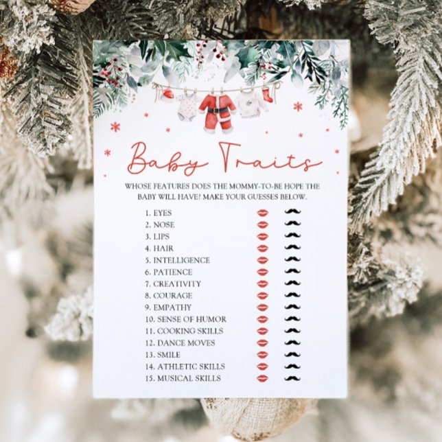 Red Christmas Santa Baby Tracks Baby Shower Game Einladung (Watercolor Cute Red Christmas Santa Baby Traits Baby Shower Game)