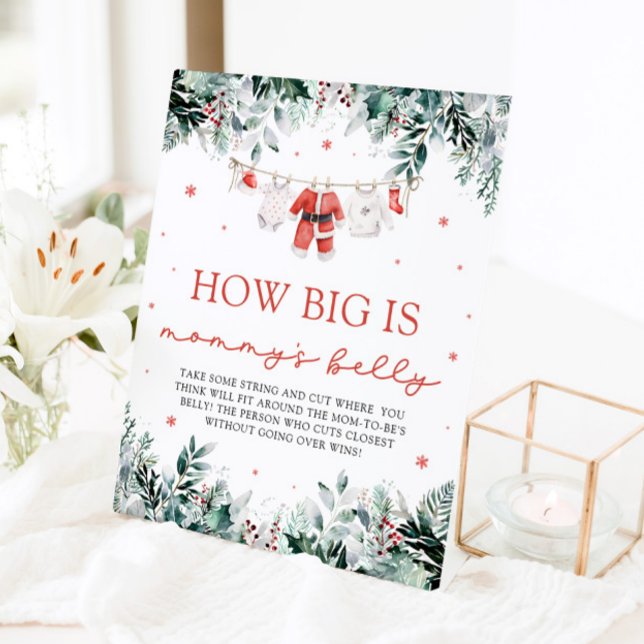Red Christmas Santa Baby wie groß ist Mama's Bauch Sockelschild (Watercolor Red Christmas Santa Baby How Big Is Mommy's Belly Pedestal Sign)