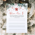 Red Christmas Santa Who I Baby Showspiel Einladung<br><div class="desc">Das Red Santa Baby Christmas Who Bin I Baby Shower Game fügt Ihrer Babydusche eine festliche und lustige Drehung hinzu! Dieses Spiel mit einem ansprechenden Design mit roten Weihnachtskleider, zarten roten Schneeflocken und einem wintergrünen Eukalyptus lädt die Gäste ein, die Identität berühmter Menschen, Charaktere oder sogar Familienmitglieder anhand von Hinweisen...</div>