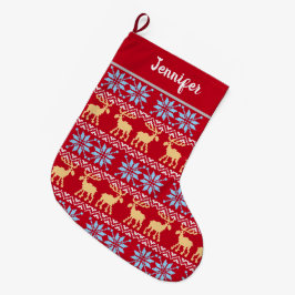 Red Christmas Snowflakes Elche Nordic Pattern Großer Weihnachtsstrumpf