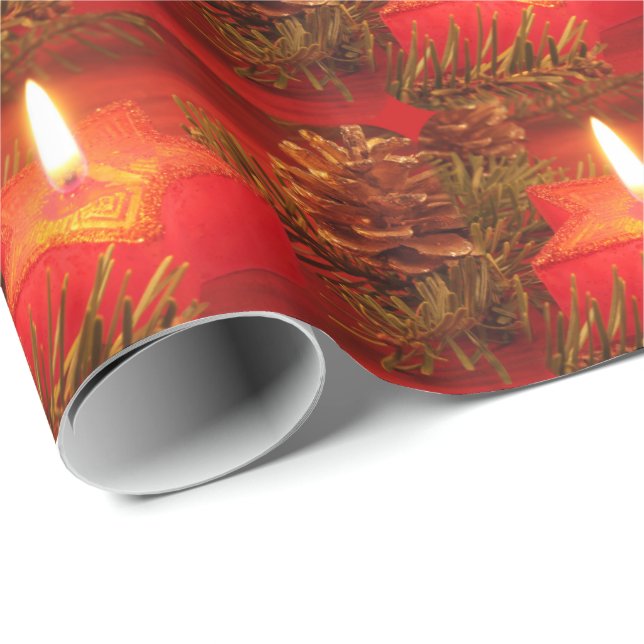 Red Christmas Star Candle Wrapping Paper Geschenkpapier (Rolleneckpunkt)
