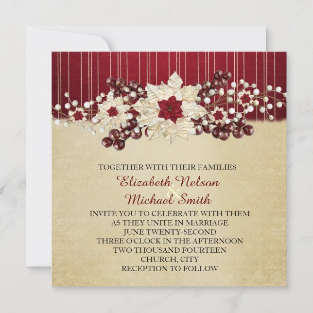 Red Christmas Star Damask Gold Hochzeit Einladung (Vorderseite)