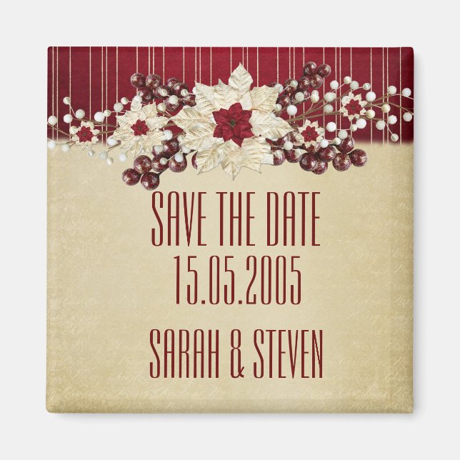 Red Christmas Star Damask Gold Save the Date Magnet (Vorne)
