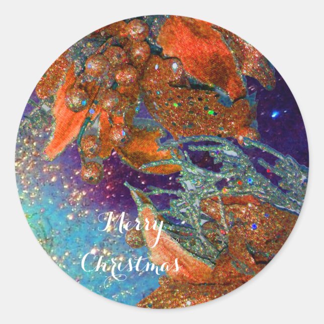RED CHRISTMAS STAR, ELEGANTE BLUME IN BLAUE GLITZE RUNDER AUFKLEBER (Vorderseite)