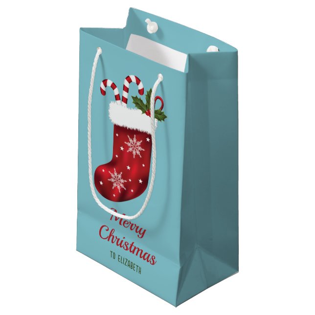 Red Christmas Strumpf auf Blau mit benutzerdefinie Kleine Geschenktüte (Vorderseite Schrägansicht)