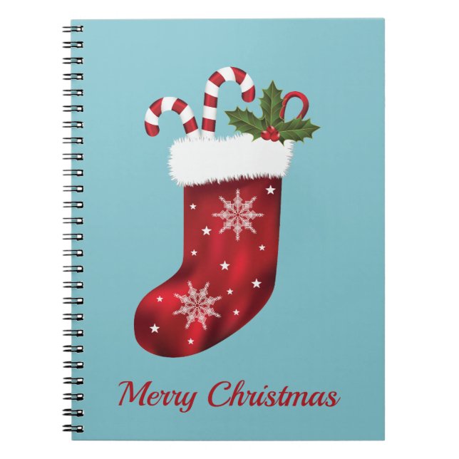 Red Christmas Strumpf auf Blau mit benutzerdefinie Notizblock (Vorderseite)