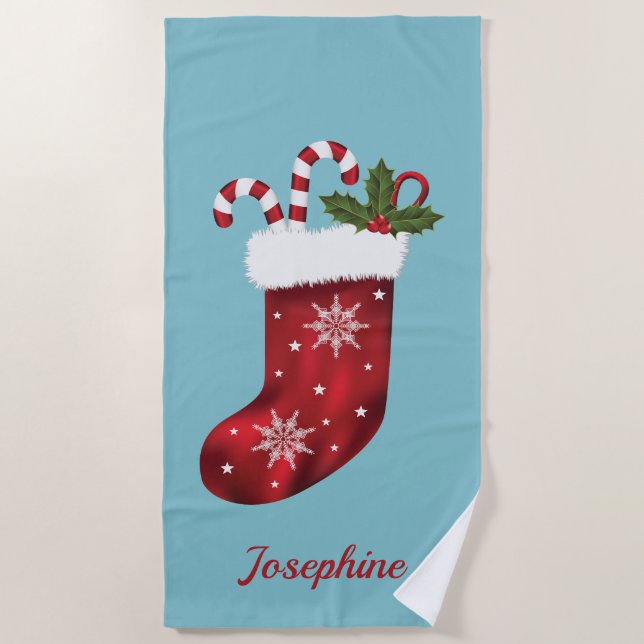 Red Christmas Strumpf auf Blau mit benutzerdefinie Strandtuch (Vorderseite)