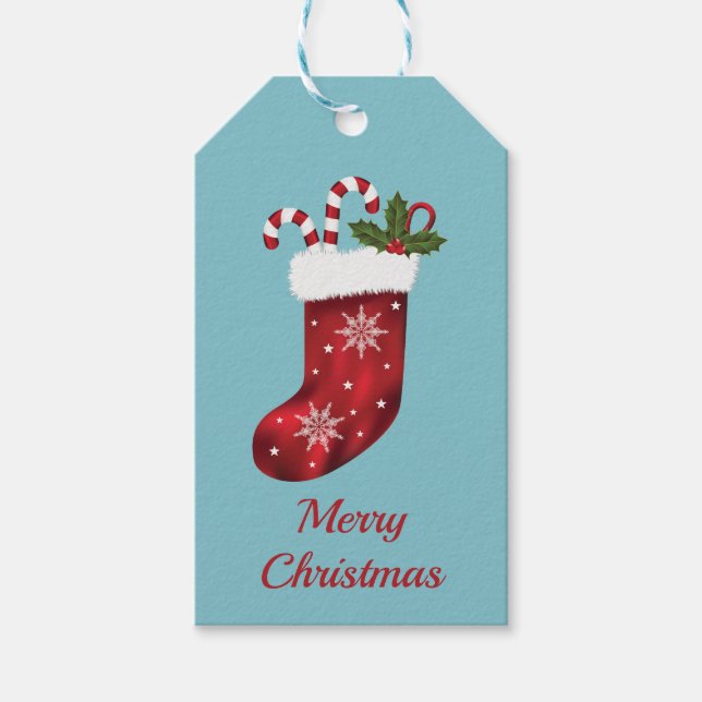 Red Christmas Strumpf On Blue - Frohe Weihnachten Geschenkanhänger (Vorderseite)