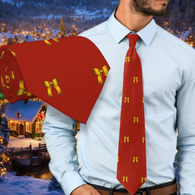 Red Christmas Tie Tiny Gold Bows Pattern Krawatte (Von Creator hochgeladen)